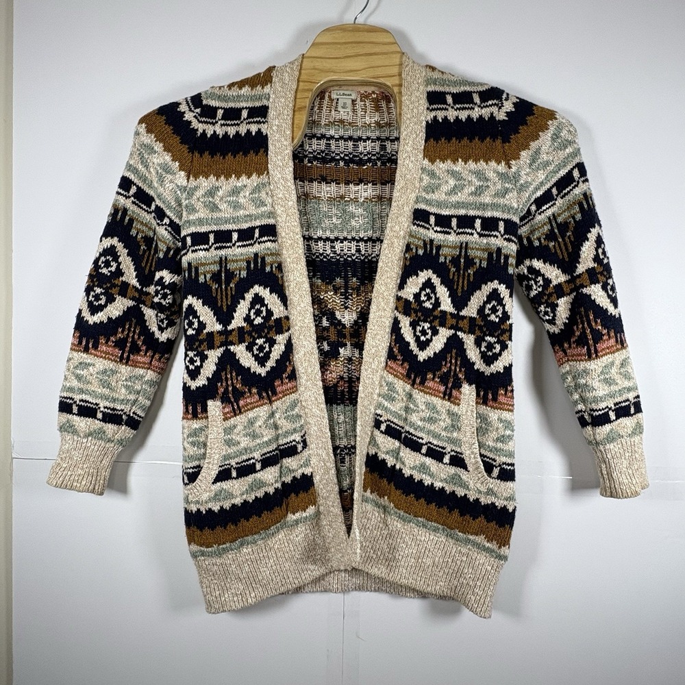 L.L. Bean Women's Cotton Ragg Open Cardigan Fair Isle Sweater Sz XS Pet Pockets